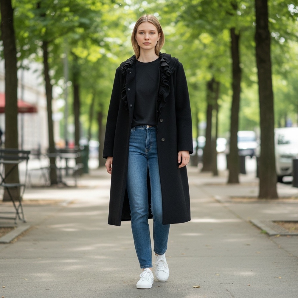 Elie Tahari Long Black Coat with Ruffle Collar